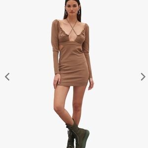 NWT Atoir Serpent Mini Dress Cut Out Halter Open Back in Lion (Tan). Size US 6